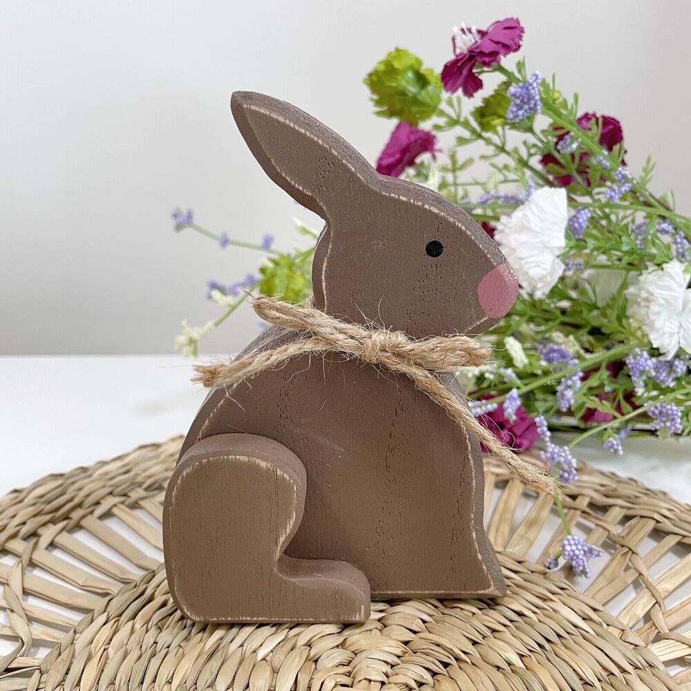 Brown Easter Bunny Wood Block Sign Figure